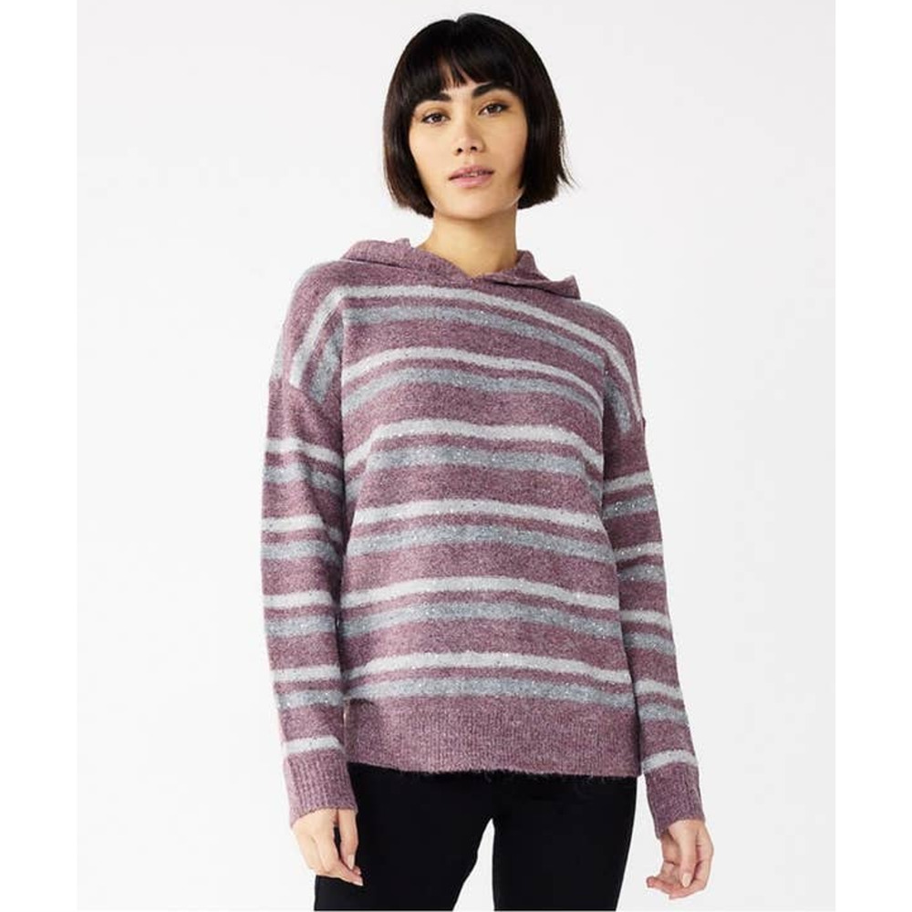 New Nine West Womans ‎ XXL Sweater Stripes Pullover Hooded Maroon Sequin NWT